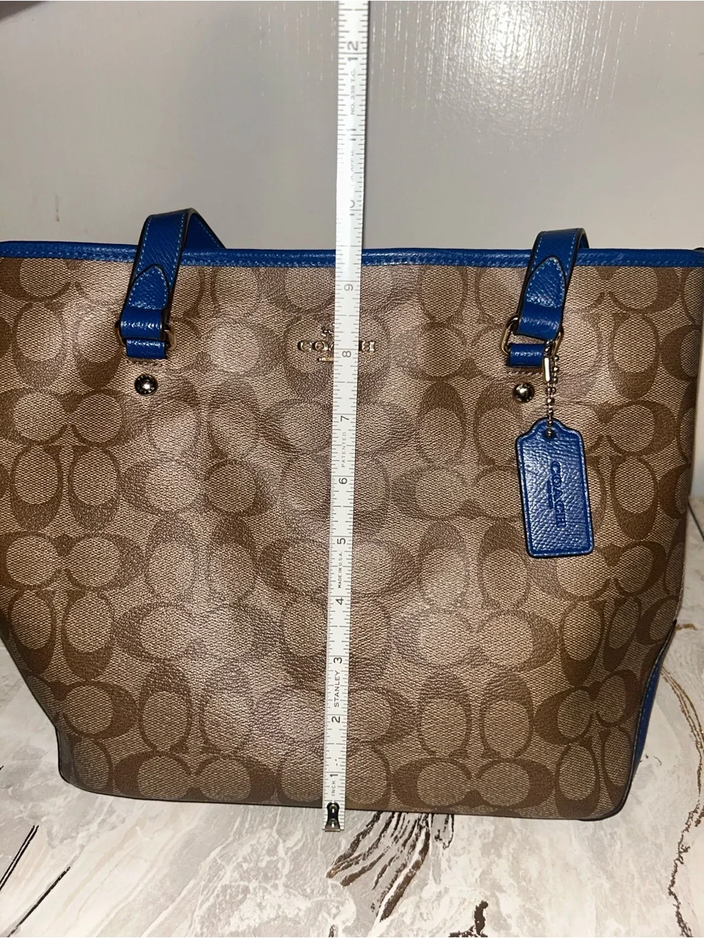 Coach Signature Canvas Zip Top Brown Blue Tote